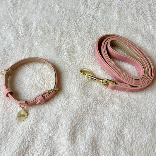 ✨Coffret personnalisé pour chien – Collier simili cuir rose avec médaillon gravé + laisse + patère gravée à la main – Cadeau chic prêt à offrir ✨