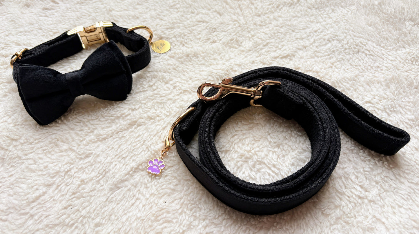 ✨Coffret personnalisé pour chien – Collier velours noir avec nœud papillon et médaillon gravé + laisse bijou + patère gravée à la main – Cadeau chic prêt à offrir ✨