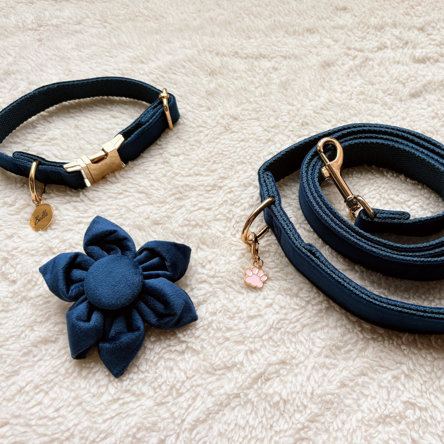 ✨Coffret personnalisé pour chien – Collier velours bleu avec fleur et médaillon gravé + laisse bijou + patère gravée à la main – Cadeau chic prêt à offrir ✨