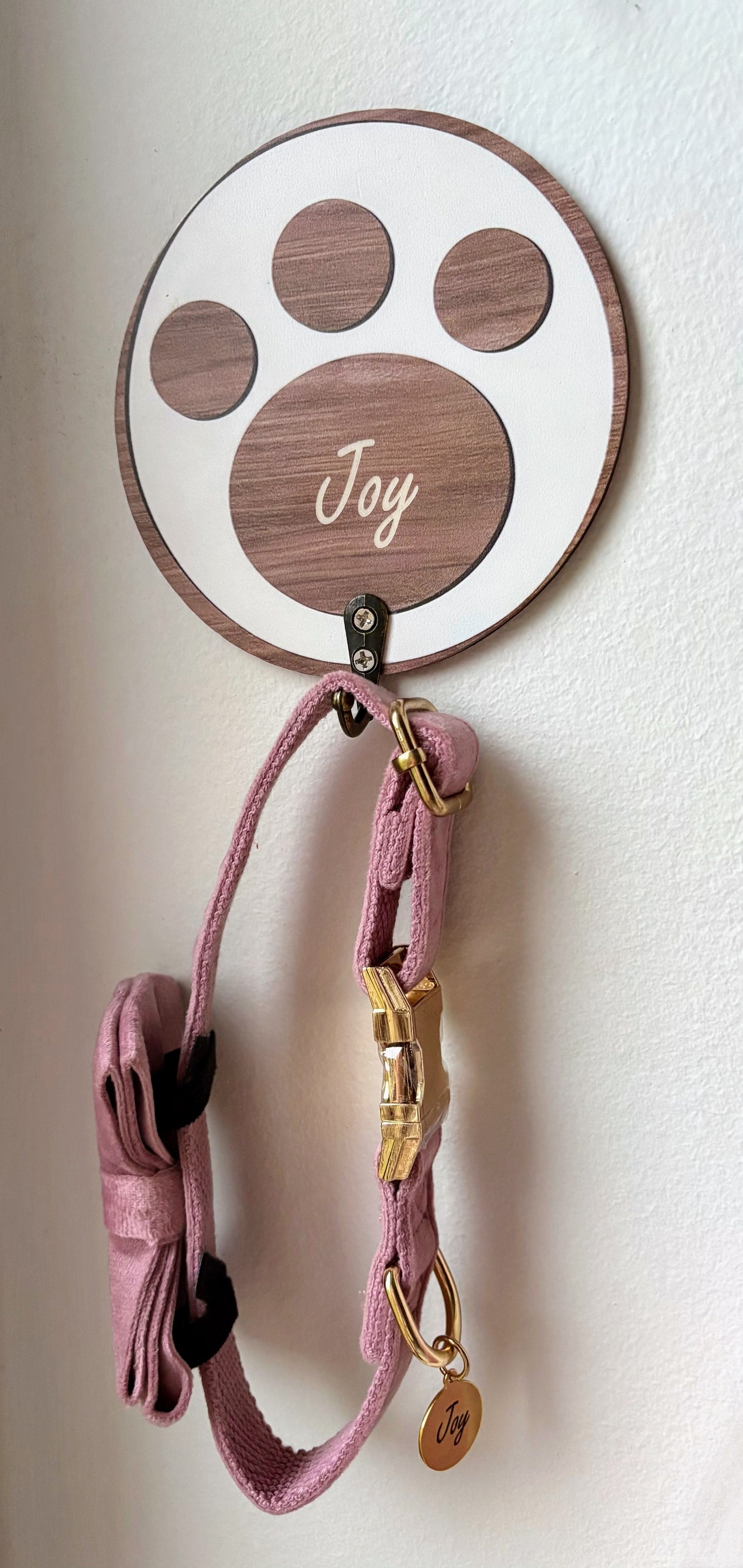 ✨Coffret personnalisé pour chien – Collier velours couleur lilas avec nœud papillon et médaillon gravé + laisse bijou + patère gravée à la main – Cadeau chic prêt à offrir ✨