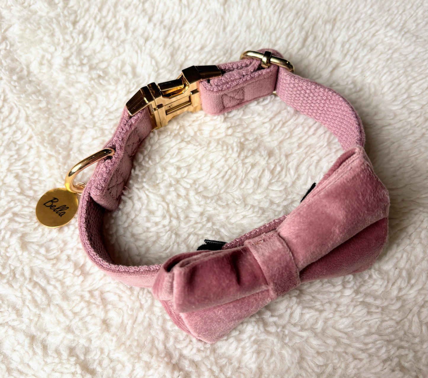 ✨Coffret personnalisé pour chien – Collier velours couleur lilas avec nœud papillon et médaillon gravé + laisse bijou + patère gravée à la main – Cadeau chic prêt à offrir ✨