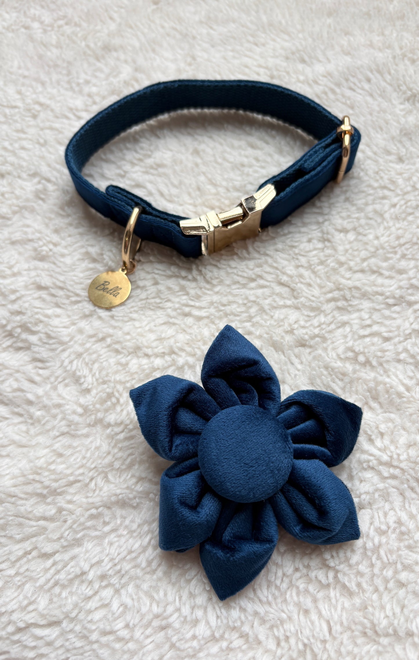 ✨Coffret personnalisé pour chien – Collier velours bleu avec fleur et médaillon gravé + laisse bijou + patère gravée à la main – Cadeau chic prêt à offrir ✨